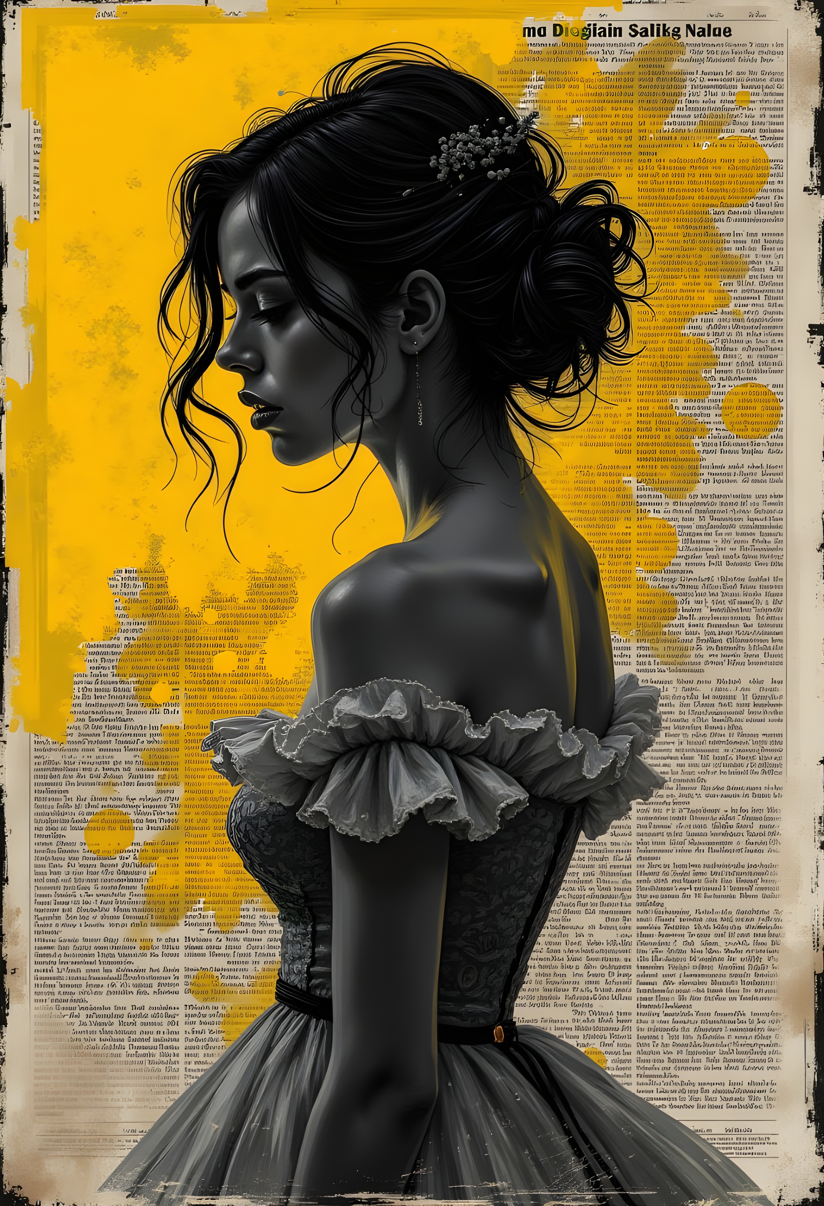 cinna flow, Mixed media artwork + (scratchy faded torn up newspaper overlay:2.0),Emotional girl + Elegant dress + Skin + In the style of surrealist expressionism, grainy fuzzy distorted,canvas effect muted yellow grey black,faded weathered effect color scheme, dreamlike atmosphere, abstract and distorted forms negative effect Negative illusion picture inverted retro neon color pop