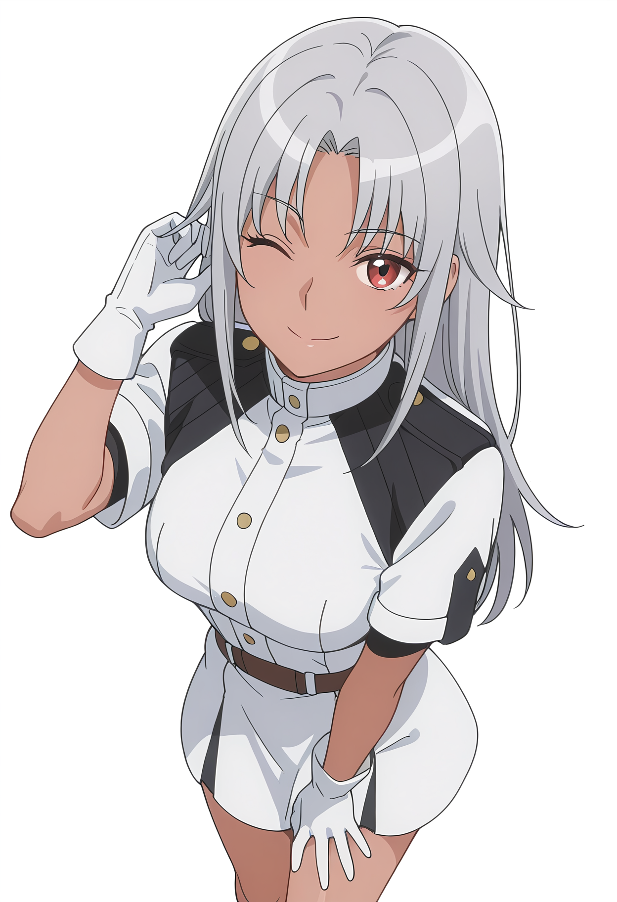 Smooth Quality,masterpiece, ultra realistic,
simple background, white background,
from above,;),hand on own thigh,
 <lora:AquaErisCnn:0.8>Aqua/Cnn, Sist/Cnn, long hair, 1girl, red eyes, dark-skinned female, uniform, grey hair, gloves,