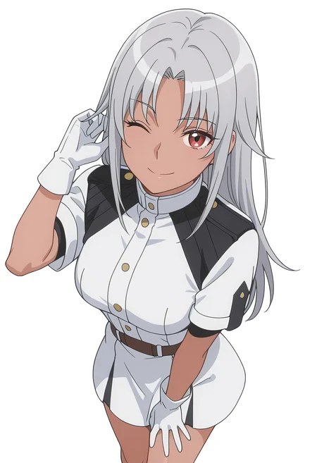 Smooth Quality,masterpiece, ultra realistic,
simple background, white background,
from above,;),hand on own thigh,
 <lora:AquaErisCnn:0.8>Aqua/Cnn, Sist/Cnn, long hair, 1girl, red eyes, dark-skinned female, uniform, grey hair, gloves,