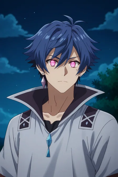 score_9, score_8_up, score_7_up,source_anime,BREAK, rating_safe, intricate details , , , official style, depth of field,1boy, solo, male focus , , , <lora:allen:0.80>, allen westfelt,blue hair,spiky hair,short hair,mole,jewelry,looking at viewer, closed mouth, jewelry,pink eyes, earrings, teeth,cloud,divine eyes,mole under eye, glowing eyes, parody, single earring,collarbone,upper body,jump suit,cropped shirt,white shirt,short sleeve,straight-on,sheath,outdoors,night,sky , , ,<lora:sdxl_lightning_8step_lora_315544:1>