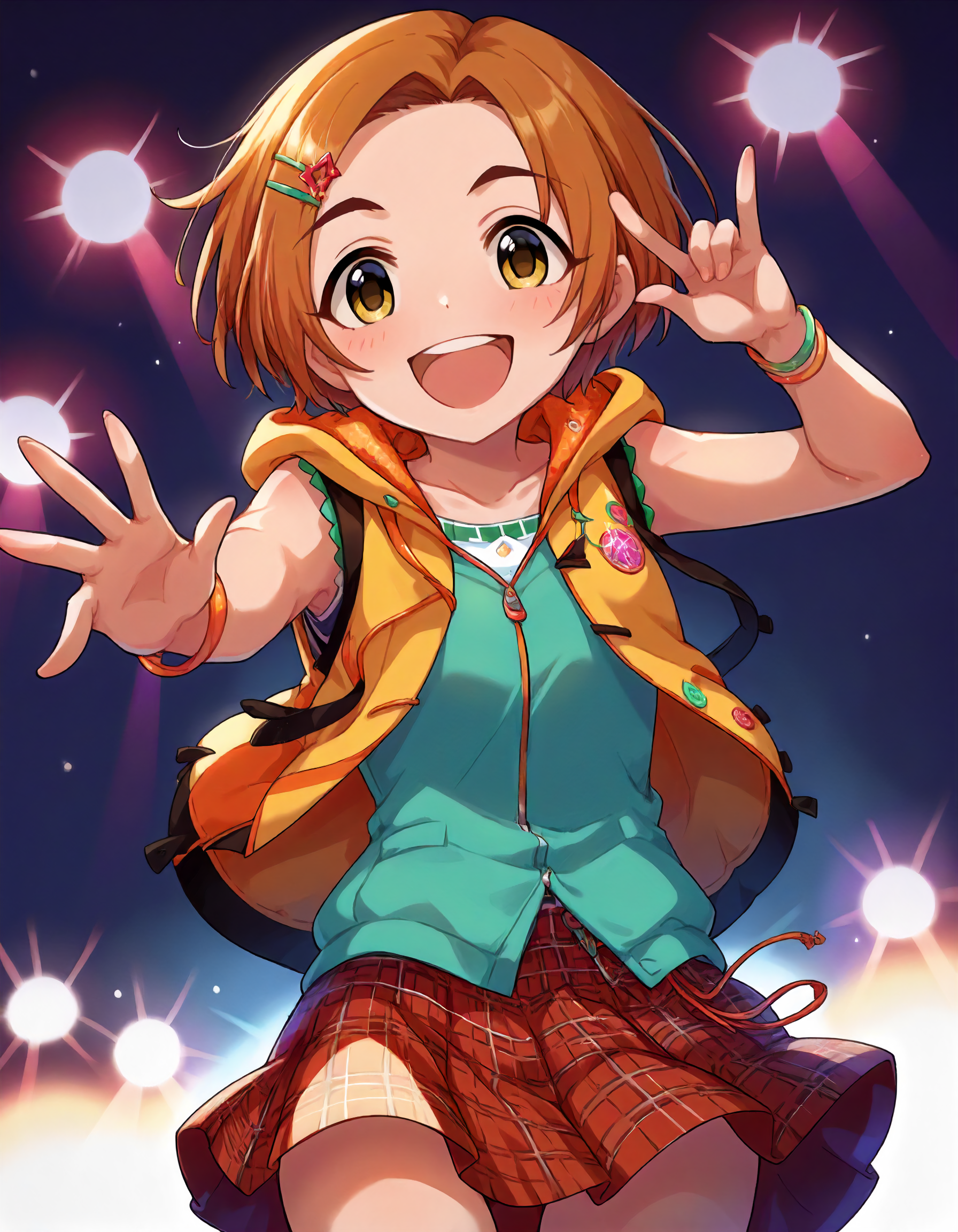 score_9,score_8_up,score_7_up,1girl,solo,cowboy shot,looking at viewer,smile,open mouth,stage lights,
<lora:ryuuzakikaoru_ponyXLV6:0.8>,cgrk,
orange hair,short hair,hairclip,yellow eyes,
sleeveless jacket,hoodie,plaid skirt