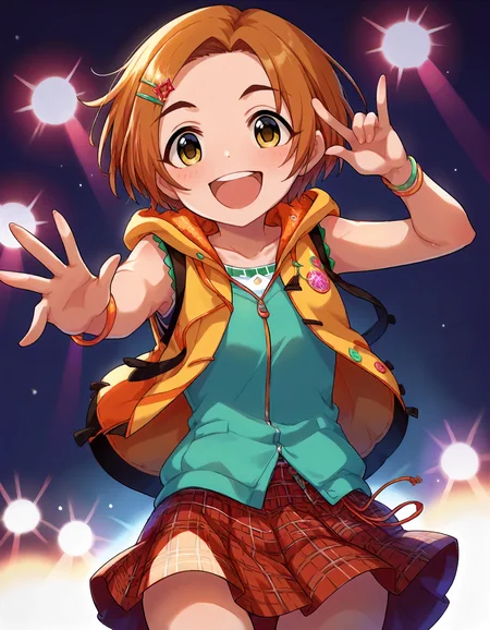 score_9,score_8_up,score_7_up,1girl,solo,cowboy shot,looking at viewer,smile,open mouth,stage lights,
<lora:ryuuzakikaoru_ponyXLV6:0.8>,cgrk,
orange hair,short hair,hairclip,yellow eyes,
sleeveless jacket,hoodie,plaid skirt