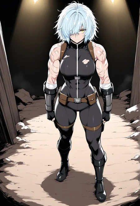 (masterpiece, best quality, ultra-detailed:1.4),
solo,1girl, (light blue hair:1.3), short messy hair, bangs,
(yellow eyes:1.5), (battle-worn expression:1.3), (scar over one eye:1.5), (intimidating aura:1.3),
(hair covering one eye:1.5), (bangs covering left eye:1.4), (left eye obscured by hair:1.4), (hair over eye:1.3),
(battle-hardened:1.4), (war veteran:1.3), (many scars:1.3), (visible wounds:1.2), (weathered face:1.2), (dirt and grime:1.2),
(toned arms:0.6), (muscle tension visible:0.3), (slim but athletic build:1.1), (strong female warrior:1.1),
(full body:1.3), mercenary warrior
(dynamic lighting:1.3), (gritty, rough textures:1.2)
looking at viewer, (hair slightly messy:1.2), (torn and worn-out fighter outfit:1.2),
<lora:VioletV2:1>