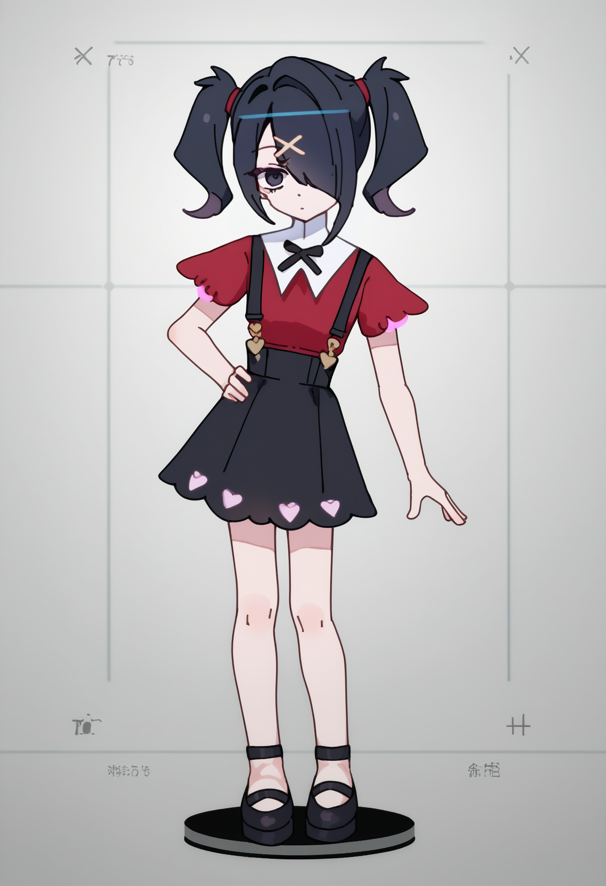 score_9, score_7_up, <break> full body, solo, 1girl, AmeDefault, expressionless, looking at you, standing, hand on own hip, black hair, black eyes, medium hair, twintails, hair over one eye, x hair ornament, black neck ribbon, red shirt, white sailor collar, suspender skirt, black skirt
 <segment:yolo-face_yolov8m.pt,0.4,0.5//cid=1>