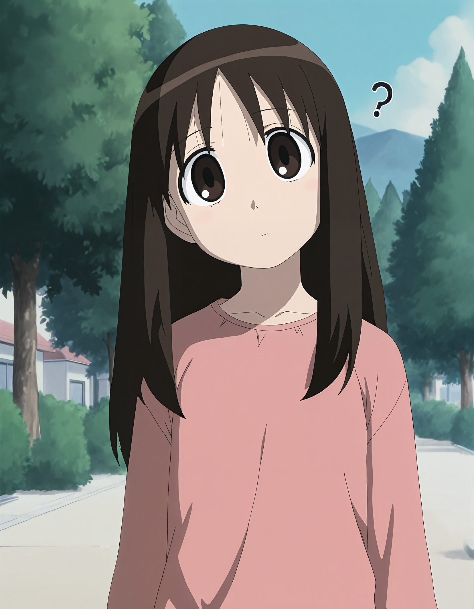 masterpiece, best quality, good quality, newest, highres, absurdres,<lora:Azumanga_style-000013:1>,azumanga_illu, style parody, anime screenshot,1girl, solo, brown eyes, brown hair, tree, long hair, looking at viewer, upper body, outdoors, expressionless,empty_look,head tilt, ?