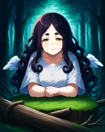 score_9, score_8_up, score_7_up, score_6_up, source_anime, ah1, 1girl, (curly hair), long hair, (black hair), mature female, (parted hair:1.7), (round face), (no_bangs:1.3), (no_fringe:1.6), looking at viewer, (thick eyebrows), round-chin, (dark olive green eyes), caucasian, down-turned eyes, <lora:ETO_OCPonyXL:0.5> eto_oc, skindentation, short female, kinky curls, lips, bad-hands-5, <lora:venus body PonyXL:0.3>, <lora:Kutibue_Art_Style:1> Kutibue, (a angel fighting against evil forces), (Dark Forest, Ancient trees towering with gnarled branches, fallen logs scattered across the forest floor, a stone altar covered in moss, broken droid parts partially buried in the underbrush, an old wooden signpost with faded carvings), (smile, gentle, friendly),