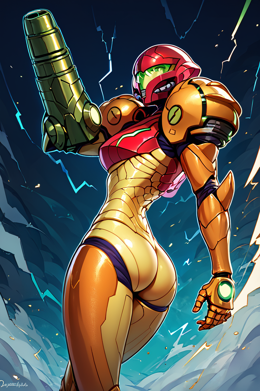 score_9, score_8_up, score_8, medium breasts, (curvy),   ,,, , ,,, zzSamus, varia suit, arm cannon, shoulder armor, pauldrons, armor, neon trim,  visor (armor), full armor,  <lora:SamusVariaSuit_PDXL:1.0>,     dynamic pose, side view, lightning, ass,  ,,,, BREAK, smile, looking at viewer, ,,, abstract background, white outline, cowboy shot, ,,, embedding:zPDXL, Expressiveh, ,,, <lora:CatalystStylePDXL:0.6>, <lora:SDXLFaeTastic2400:0.5>, <lora:Expressive_H-000001:0.4>,