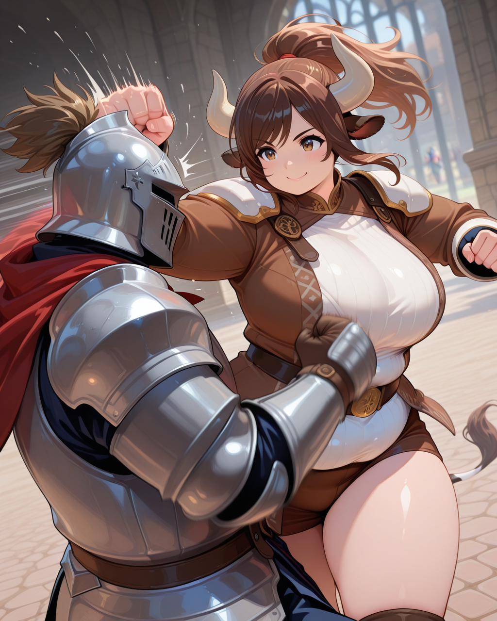 masterpiece,best quality,higres illustration,detailed face,1girl,1boy,(size difference:1.2),<lora:plussizegirls_IL:1>,plump,smile,ponytail,brown hair,monster girl,knight male,cow girl,fighting,motion blur,punching,
