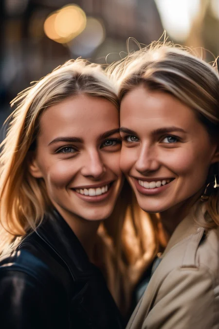 In an endearing close-up photograph, two close young european woman, with radiant smiles and sparkling eyes, stand cheek to cheek, looking directly at the viewer. The genuine bond between them is evident in their warm expressions. The background, beautifully blurred through a high depth of field, accentuates the focus on their heartfelt connection. Captured in a Photographic style with a 50mm prime lens, ensuring exquisite facial details and a natural perspective that brings out the authenticity of their friendship. two european woman <lora:faces_v1:0.05>