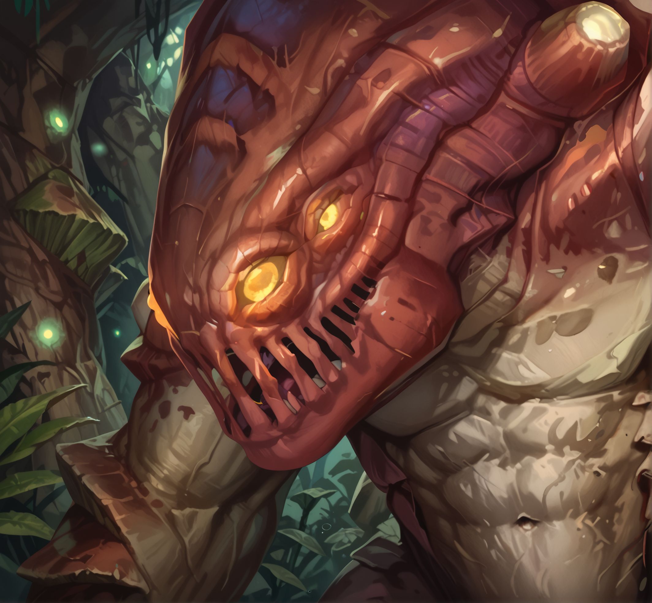 score_9_up,score_8_up,score_7_up,score_6_up,score_5_up,score_4_up, detailed, (best quality:1.2), hi res, digital media \(artwork\), source_furry, source_monster, BREAK,
solo, fungal cave, mushrooms, blurry background, close up, portrait, (side view), ((three quarter view)), 
fungalGiant, monster, creature, glowing eyes, four eyes, yellow eyes, hunchback, muscular,  textured skin
<lora:Fungal_Giant_for_PonyXL:0.9>