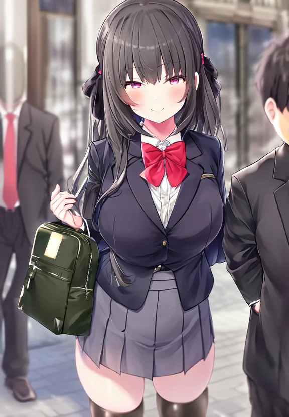 by mitsudoue, 1girl, outside, city streets, waist, upper body, realistic, breasts, portrait, smile, blazer uniform, dress shirt, pleated skirt, schoolbag, hair bow, black bow