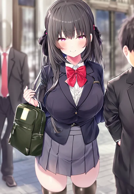 by mitsudoue, 1girl, outside, city streets, waist, upper body, realistic, breasts, portrait, smile, blazer uniform, dress shirt, pleated skirt, schoolbag, hair bow, black bow