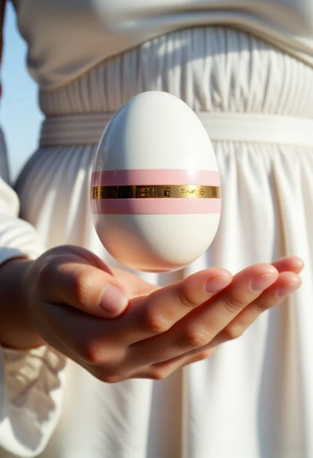 No face. Just a hand—slender, pale, and wrapped in whisper-thin fabric that shimmers like dust in sunlight. It holds an egg. Not painted. Not playful. It is crafted. The shell is smooth, impossibly fine—white porcelain veined with hairline filigree in gold circuitry. Not decoration—function.
The egg hovers half a centimeter above her palm, spinning almost imperceptibly. At its equator, a razor-thin band emits a soft pulse—pink fading into white, a heartbeat coded in impossible language. Tiny etched glyphs flicker in and out along the surface, rearranging in real-time, like it’s listening for a question you haven’t asked yet.
There is no mouth to smile. No eyes to interpret. Only the egg, its presence somehow watching you in return.
Behind the figure: only light. Empty whiteness. Clean. Eternal. Clinical.
And as you stare, the glyphs stop. Just for a second.
Then rearrange into a perfect mirror of your own name.