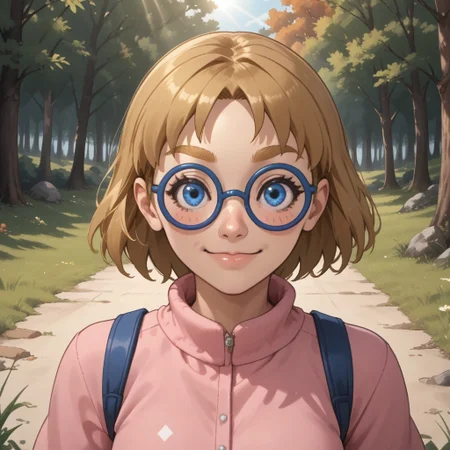 score_9, score_8, BREAK, solo, wii, mii, wii sports, dark blonde hair, dark blonde eyebrows, blue eyes, blue glasses, blush, pink clothing, white pants, sandals, cute, female mii, 1girl, nintendo mii, modern_mii, classic_mii, Siobhán_(Wii_Sports), sexy pose, smile, outdoors, sunlight, shadows, evening lighting, natural lighting, forest, trees, grass, orange sky, sunset