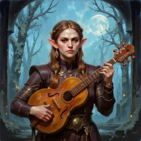 Dark-Fantasy-Cardd-V.2.0 style dark fantasy oil painting with detailed eyes that features female elf bard, radiating elegance, charm, and artistic flair. She is tall and slender, with delicate, angular features and long, pointed ears adorned with silver or golden earrings. Her hair, in shades of silver, golden blonde, or deep auburn, flows gracefully or is intricately braided with small flowers, beads, or feathers. Her luminous eyes sparkle with creativity and charisma, drawing attention to her captivating presence. She wears an ornate and colorful outfit—flowing silk or velvet adorned with intricate embroidery, musical motifs, and delicate jewelry, including bracelets, necklaces, and rings. In her hands, she holds a finely crafted lute, harp, or violin, its surface engraved with elven patterns and glowing faintly with magical energy. She stands in a dynamic yet graceful pose, as if performing a song, with soft musical notes or swirling magic emanating around her. The background is an enchanting setting, such as a moonlit glade, a royal court, or a vibrant festival, with an atmosphere of wonder and celebration. The tone is elegant, whimsical, and enchanting, highlighting her role as both a masterful musician and a magical performer who can inspire and captivate all who see her