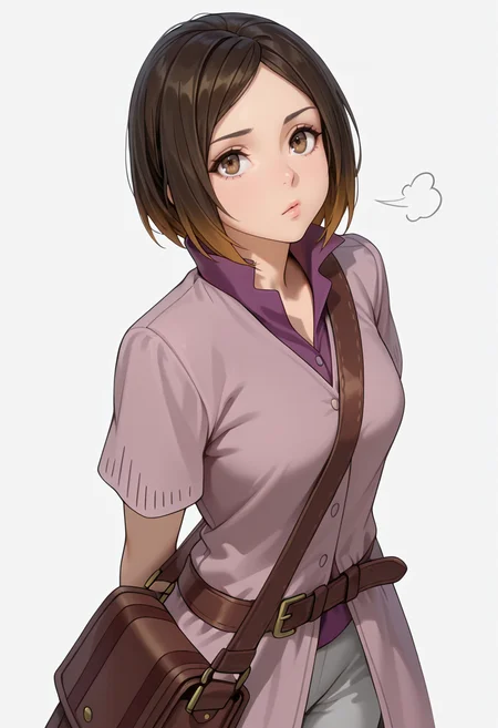 Smooth Quality,masterpiece,very intricate, high quality details, ultra realistic, high detailed skin,detailed enviorement,absurdres,
simple background, white background,solo,
standing, arms behind back, looking up, calm expression, relaxed posture, ,dynamic angle,sigh,
<lora:Kirara_Mizutani_cnn:0.8> 1girl, short hair, brown hair, multicolored hair, two-tone hair, brown eyes, at viewer, upper body,shirt, short sleeves, collared shirt, coat, pants, purple shirt,brown belt, shoulder bag,