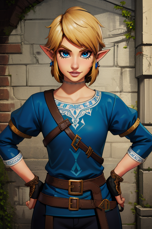 Link,short blond hair,pointy ears,blue eyes, standing, upper body,  smiling,   hands on hips,   black eyeliner, lip gloss,  solo, 
LGear, belt,bridal gauntlets, brown fingerless gloves, brown footwear, blue tunic,  pants, 
mercenary tavern,  
(insanely detailed, beautiful detailed face, masterpiece, best quality)    <lora:Link:0.9>,