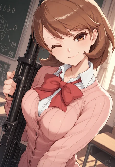 masterpiece, best quality, very aesthetic, absurdres,1girl, solo, takeba yukari, brown hair styled in a layered cut, brown eyes, pink cardigan, white collared shirt, large red bow at the neck, mini skrit, smug smile, light blush, from front, aiming a vkrsmmg medium machine gun weapon, one eye closed, indoor, empty classroom, depth of view,