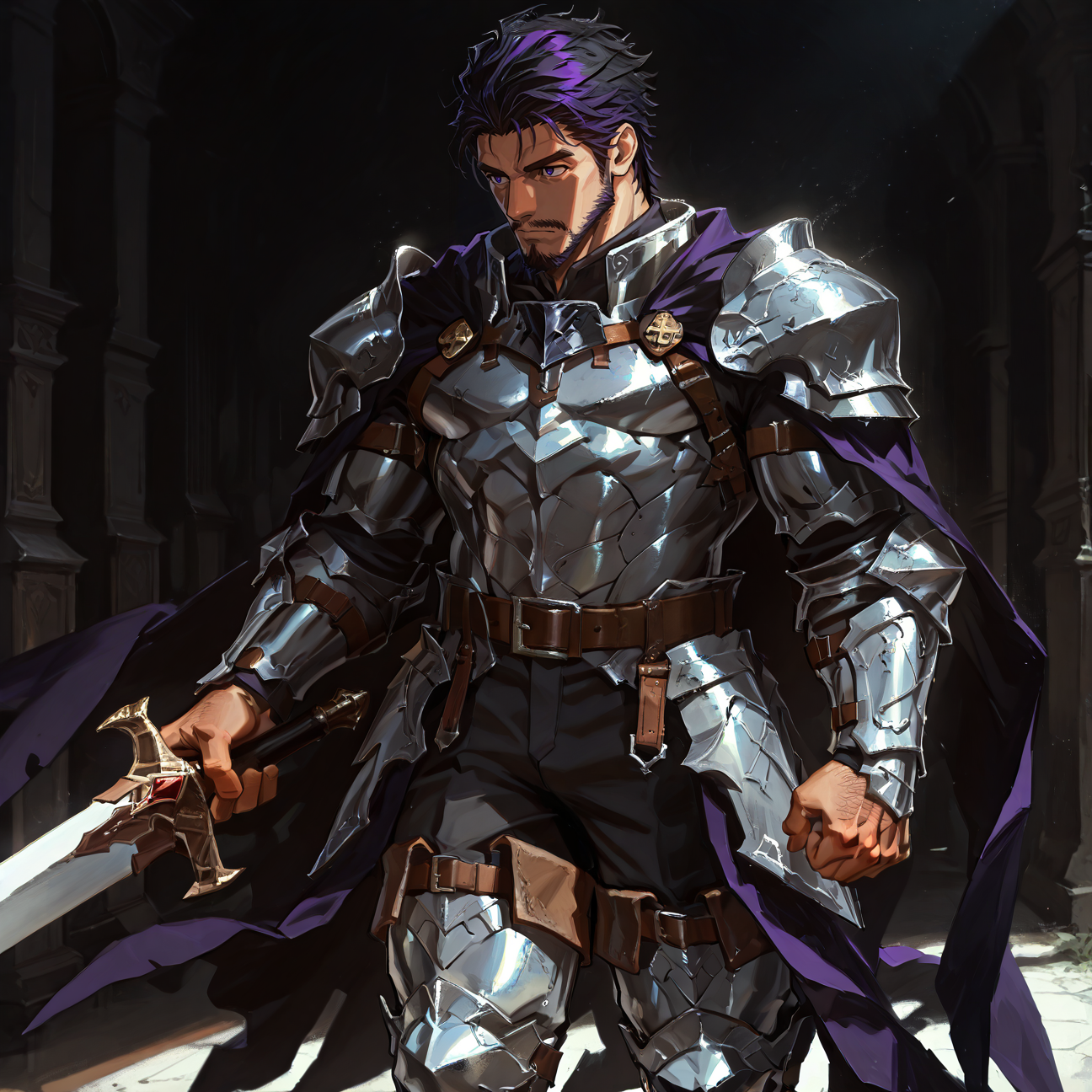 <lora:Andechs__Alchemist_Code:.75> tagatameandechs, andechs_black hair, andechs_purple hair, 1boy, short hair, cape, solo, male focus, manly, mature male, bara, muscular male,, belt, armor, waistcape, pants, thigh boots,
short hair, male focus, muscular male, muscular male, bara, mature, (hairy body, hairy, body hair, glossy skin, bara, mature, facial hair, beard, full beard, sideburn, mustache, stubble), facial hair, bara, mature, body hair, aixiwuganda_(20222192), very awa, masterpiece, best quality, absurdres, newest, perfect quality, detailed background, intricate details,, <lora:slider_Body Type_alpha1.0_rank4_noxattn_last:3><lora:Anime Summer Days 2 Style SDXL_LoRA_Pony Diffusion V6 XL:.6><lora:merged:.7>, DARK, DARK BACKGROUND, LOW-KEY LIGHTING <lora:slider_cfg_scale_boost:.7><lora:Artist6p:.55>, Artist6p, Artist04p,<lora:slider_il_contrast_slider_d1:-.25>,<lora:slider_contract_controller_illus01_v1:.3>, <lora:addon_illustriousXLv01_stabilizer_v1.121:.5>,<lora:Heavenly_Beauty_r1:1>, (heavenlybeauty,)<lora:slider_style_strength_controller_illus01_v1:.25>