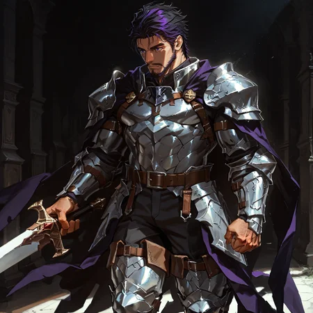 <lora:Andechs__Alchemist_Code:.75> tagatameandechs, andechs_black hair, andechs_purple hair, 1boy, short hair, cape, solo, male focus, manly, mature male, bara, muscular male,, belt, armor, waistcape, pants, thigh boots,
short hair, male focus, muscular male, muscular male, bara, mature, (hairy body, hairy, body hair, glossy skin, bara, mature, facial hair, beard, full beard, sideburn, mustache, stubble), facial hair, bara, mature, body hair, aixiwuganda_(20222192), very awa, masterpiece, best quality, absurdres, newest, perfect quality, detailed background, intricate details,, <lora:slider_Body Type_alpha1.0_rank4_noxattn_last:3><lora:Anime Summer Days 2 Style SDXL_LoRA_Pony Diffusion V6 XL:.6><lora:merged:.7>, DARK, DARK BACKGROUND, LOW-KEY LIGHTING <lora:slider_cfg_scale_boost:.7><lora:Artist6p:.55>, Artist6p, Artist04p,<lora:slider_il_contrast_slider_d1:-.25>,<lora:slider_contract_controller_illus01_v1:.3>, <lora:addon_illustriousXLv01_stabilizer_v1.121:.5>,<lora:Heavenly_Beauty_r1:1>, (heavenlybeauty,)<lora:slider_style_strength_controller_illus01_v1:.25>