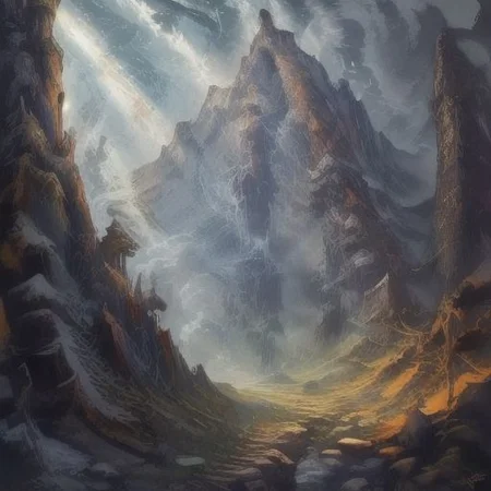 ((Masterpiece)), realistic digital painting of the hall of the mountain, official art, perfect composition, cinematic lighting, crepuscular rays,