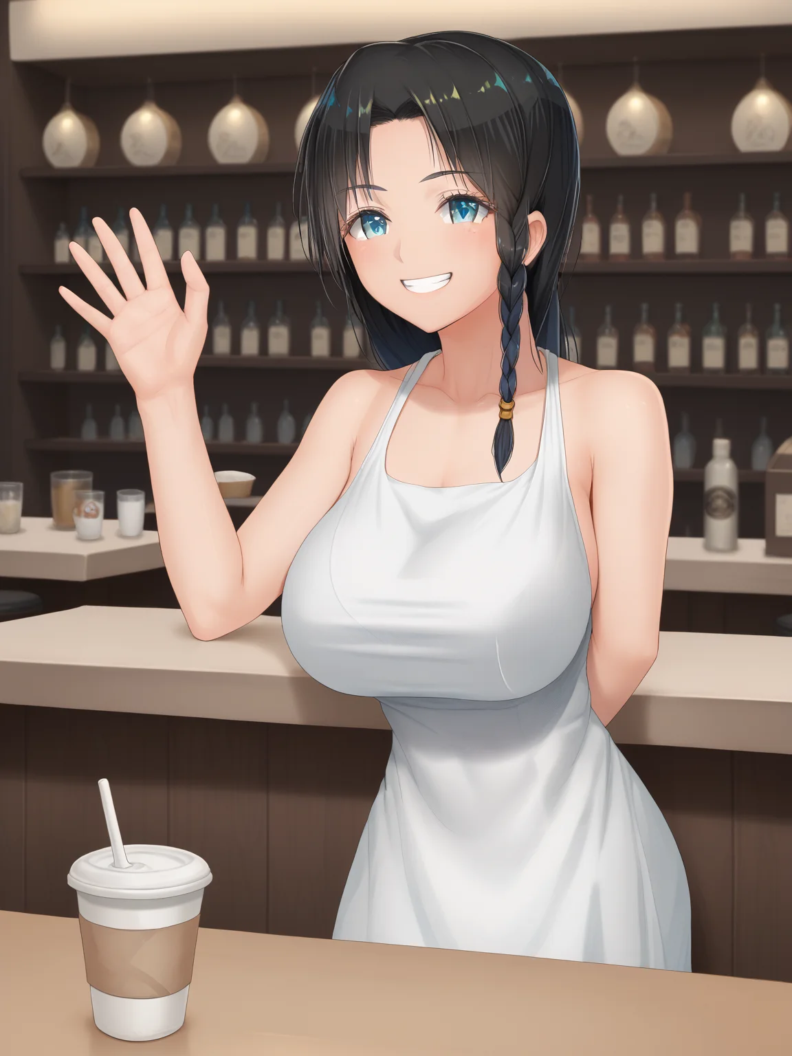 score_9, score_8_up, score_7_up, score_6_up, score_5_up, score_4_up, detailed eyes, beautiful eyes, <lora:PONYXL_FD-MegaBreastPack:0.7> <lora:Yutaka_Yutaka_Gaiden:1> PureYutaka, black hair, Long hair, sidelock braid, white dress, large breasts, tilting head to side, gentle smile, waving with one hand, one hand behind back, full body shot, cafe, counter,
