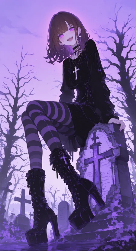 masterpiece, best quality, good quality, newest, highres, absurdres, 1girl, solo, looking at viewer, blush, smile, open mouth, shirt, skirt, brown hair, long sleeves, jewelry, sitting, purple eyes, full body, pantyhose, outdoors, earrings, boots, teeth, sky, choker, medium hair, black skirt, black footwear, necklace, striped clothes, high heels, black shirt, tree, black choker, wavy hair, from below, cross, high heel boots, cross necklace, striped pantyhose, bare tree, cross earrings, latin cross, tombstone, graveyard, grave, melanch0ly,xxx667_illu, glowing <lora:illustriousXL_stabilizer_v1.23:0.3> <lora:NOOB_vp1_detailer_by_volnovik_v1:0.3> <lora:ponyv6_noobE11_2_adamW-000017:0.3> <lora:XXX667:0.6> <lora:mon_monmon2133:0.5> <lora:r17329_illuu:0.5>