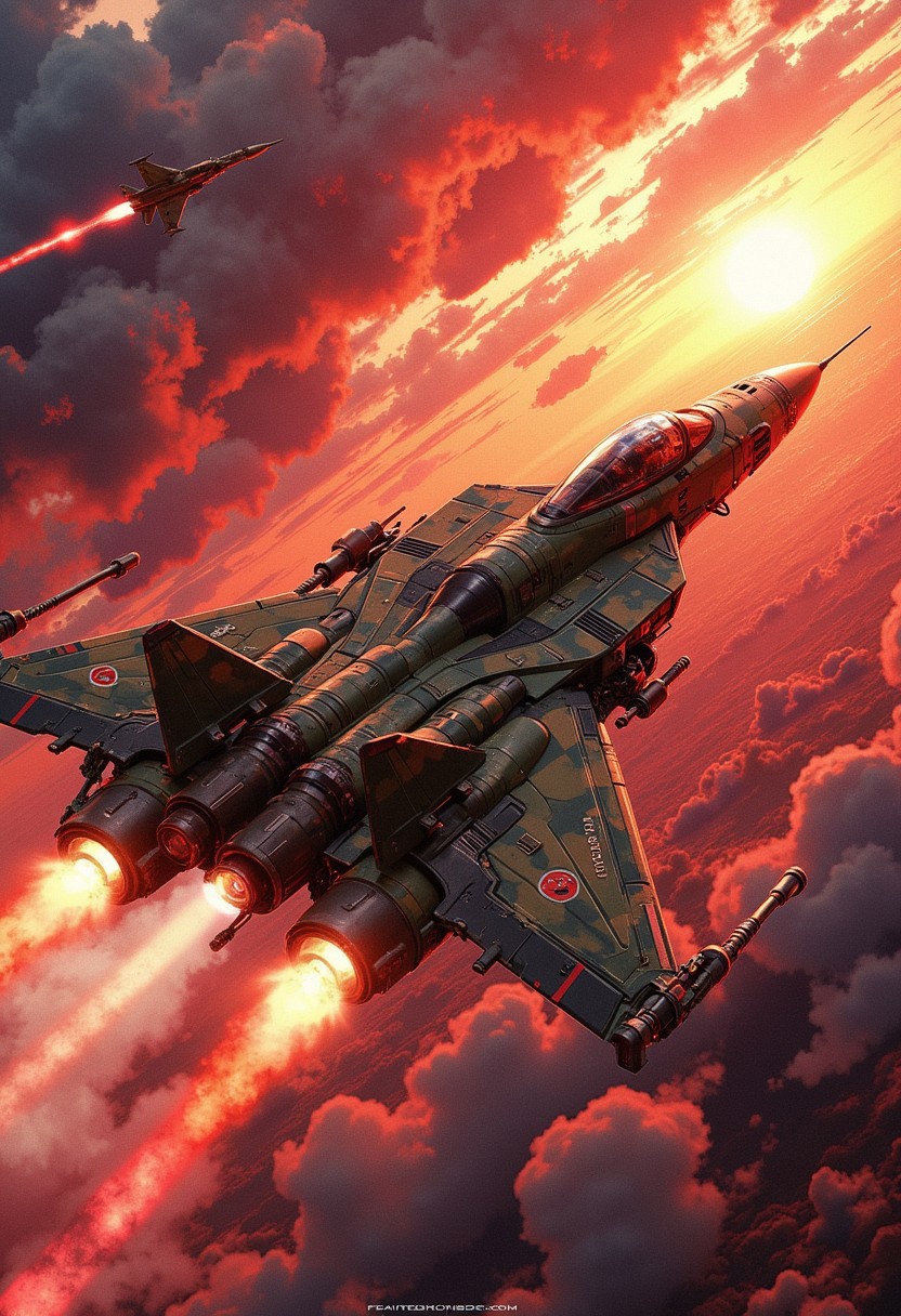 in the style of ck-mgs, A digital artwork in the style of cknc, a futuristic, highly advanced variable fighter flying rapidly through the sky. The fuelage is painted in green and brown camouflage patterns and show military insignia, and has a large air intake.  The sky has dark clouds, and is a surreal red, sunset
