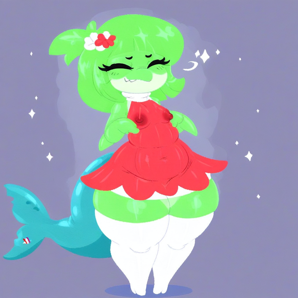 green skin, 1girl, furry, striped, thick thighs, fish tail, nipples, green hair, red dress, thighhighs, dress, closed eyes