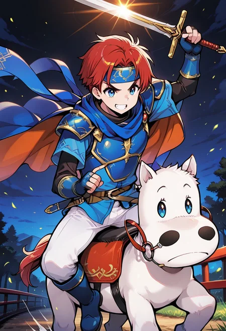 1boy, r0y, red hair,black undershirt, blue boots, blue cape, blue chest plate, blue fingerless gloves, blue handband, blue scarf, blue tunic, brown belt, white pants, sword, one arm raised, makibaoo, riding, crossover, horseback riding, reins, holding, chasing,
serious, v-shaped eyebrows, grin,
BREAK, bridge, cobble, field, night, (masterpiece:1.2), (best quality:1.2), (very aesthetic:1.2), (absurdres:1.2),newest, ,sharp focus, perfect light, dynamic light, (heavy lines, black outline), (beautiful detailed shading, beautiful), 8K wallpaper, vibrant colors), [high saturation], 2020s, Himehajime