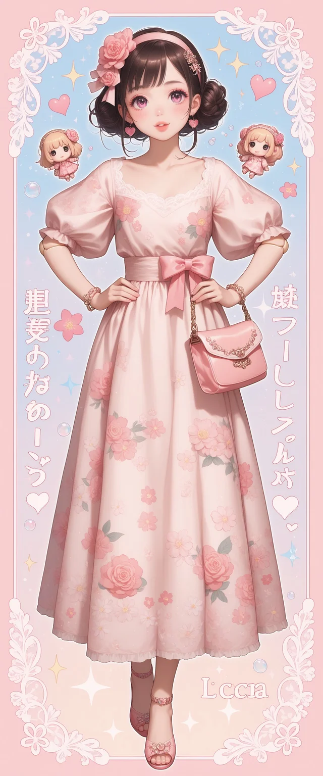 score_9, score_8_up, score_7_up, ((fullbody)) 1girl, solo, ((Licca-chan : 1.2)), moe, kawaii, cute, doll, doll joints, big sparkling eyes, detailed lips, makeup, hands on hips, holding, holding purse, fashion, ((doll_clothes)), (princess), gown, ((ornate floral print puffy gown with ribbons and rococo lace trim)), accessories, hair ornaments, too many hair ornaments, simple background, print background, pastel background, (pastel pink floral and bubble shoujo manga background), pastel pink floral print background, bubbles, text, text captions, ((Japanese text)), wide shot, pastel colors, hearts, star (symbol), music notes, sparkles, glitter, , <lora:19a618b0-9c60-490e-984c-201466b5ed8f:0.7>, <lora:d10e6385-a080-4735-a8cf-9b683731baca:0.7>, <lora:3362f4d1-aecf-4584-8d0a-65ce6528fe99:0.6>, <lora:7fa89c10-5601-4ced-9e6d-e50019f5aa4b:0.5>, <lora:678b49e2-f537-4298-8f86-c8e5267b2ed7:0.4>, <lora:ab19ebf7-99b5-4dc4-8f50-e9330005ed10:0.4>, <lora:84bda6d4-87ea-4e5d-aca1-a8c93279c7f8:0.3>, <lora:e485f886-377e-4727-92e3-947262a0784f:0.3>, , , , , , , , , , , , ,