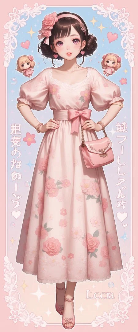 score_9, score_8_up, score_7_up, ((fullbody)) 1girl, solo, ((Licca-chan : 1.2)), moe, kawaii, cute, doll, doll joints, big sparkling eyes, detailed lips, makeup, hands on hips, holding, holding purse, fashion, ((doll_clothes)), (princess), gown, ((ornate floral print puffy gown with ribbons and rococo lace trim)), accessories, hair ornaments, too many hair ornaments, simple background, print background, pastel background, (pastel pink floral and bubble shoujo manga background), pastel pink floral print background, bubbles, text, text captions, ((Japanese text)), wide shot, pastel colors, hearts, star (symbol), music notes, sparkles, glitter, , <lora:19a618b0-9c60-490e-984c-201466b5ed8f:0.7>, <lora:d10e6385-a080-4735-a8cf-9b683731baca:0.7>, <lora:3362f4d1-aecf-4584-8d0a-65ce6528fe99:0.6>, <lora:7fa89c10-5601-4ced-9e6d-e50019f5aa4b:0.5>, <lora:678b49e2-f537-4298-8f86-c8e5267b2ed7:0.4>, <lora:ab19ebf7-99b5-4dc4-8f50-e9330005ed10:0.4>, <lora:84bda6d4-87ea-4e5d-aca1-a8c93279c7f8:0.3>, <lora:e485f886-377e-4727-92e3-947262a0784f:0.3>, , , , , , , , , , , , ,