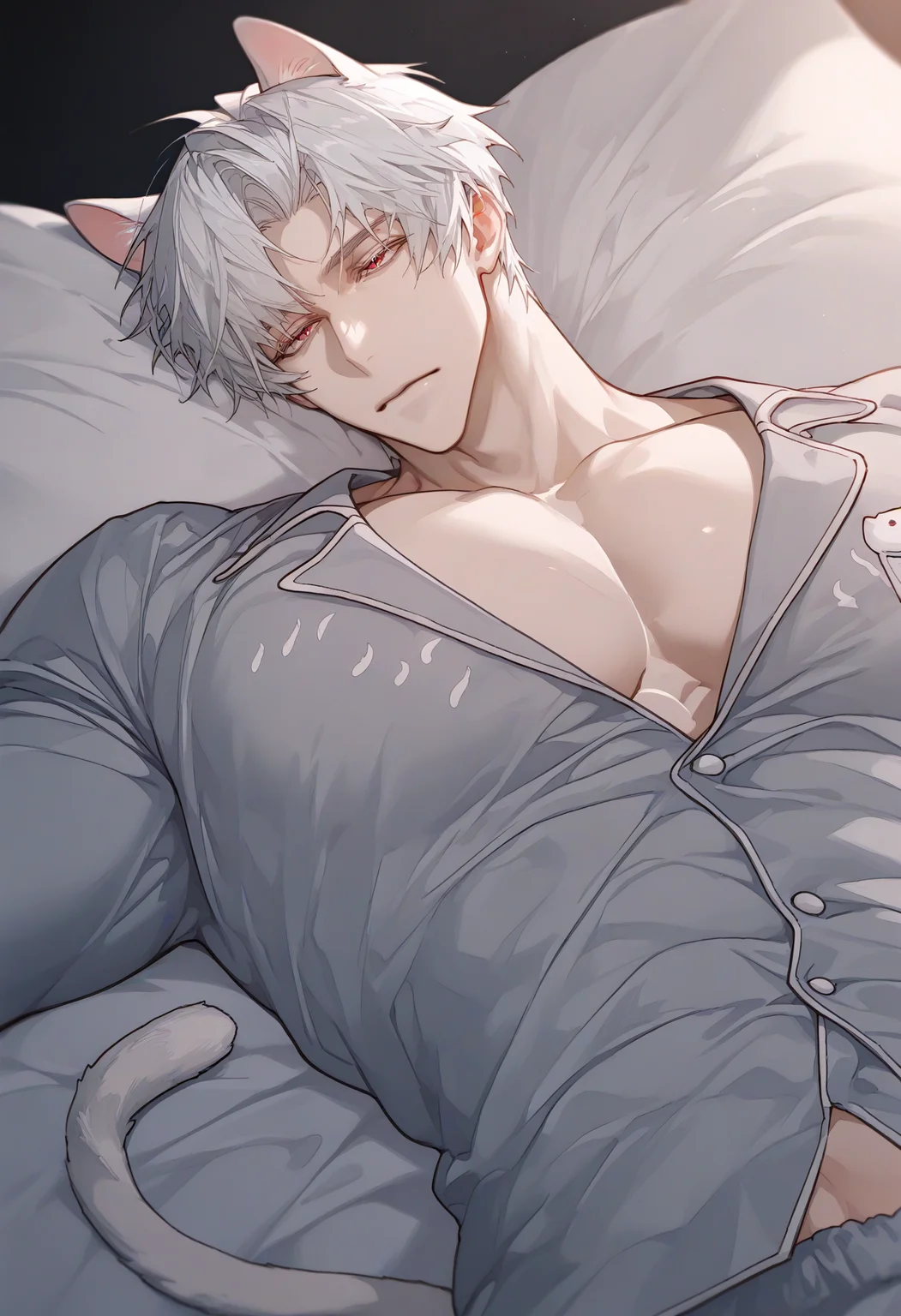 <lora:SagawaSDXLstyle:1>, best quality, masterpiece, SagawaStyle, sylus (love and deepspace), <lora:SylusSDXL:1>, male focus, 1boy, large pectorals, red eyes, short hair, white hair, muscular male, bara, pajamas, cat ears, cat tail, expressionless, lying on back, on bed