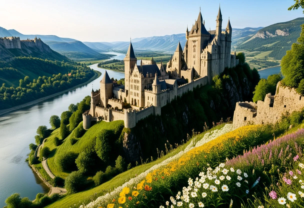 ultra realism, photorealistic image with high quality 8k and above, stable focus on an extremely breathtaking natural landscape of a Gothic castle built on a hill and in it there is a village with stone houses, mountains, lakes, waterfalls, castle, ruins of ancient fortresses, Cathedral, Gothic castle ,village,flower meadows,rocks,wild forest animals,horses,pasture,river,color balance,golden hour,