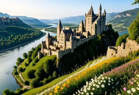 ultra realism, photorealistic image with high quality 8k and above, stable focus on an extremely breathtaking natural landscape of a Gothic castle built on a hill and in it there is a village with stone houses, mountains, lakes, waterfalls, castle, ruins of ancient fortresses, Cathedral, Gothic castle ,village,flower meadows,rocks,wild forest animals,horses,pasture,river,color balance,golden hour,