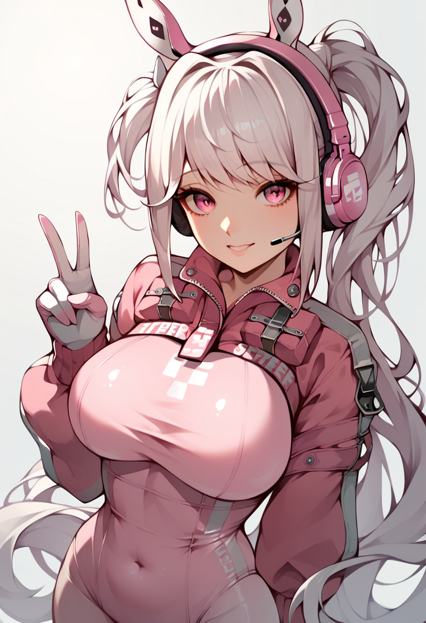 score_9,score_8_up,score_7_up,<lora:nike_base:1>,1girl, alice \(nikke\), animal ears, breasts, curvy, dress, gloves, headphones, highres, large breasts, looking at viewer, pink dress, pink eyes, pink headphones, rabbit ears, skin tight, solo, spandex, sportswear, tight clothes, v, white hair