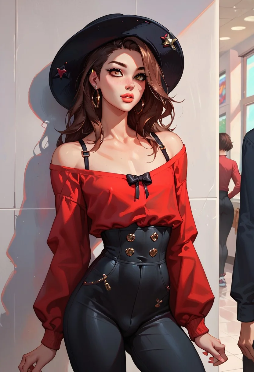 score_9, score_8_up, score_7_up, g0thicPXL, Expressiveh, high quality, stunning, perfect eyes, detailed face, 1boy, solo, femboy, cute, brown eyes, brown hair, long straight hair, very straight hair, narrow shoulders, flat chest, thin waist, bottom heavy, hat, red oversized shirt, long sleeves, off the shoulder shirt, black pants, high waist pants, in public, mall, posing, modeling, leaning against wall, cool pose,