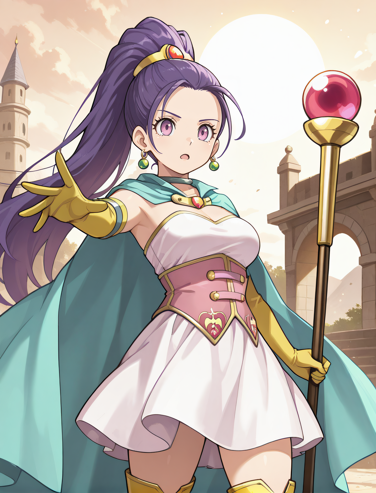 masterpiece, best quality, highres, newest, 1girl, official style, <lora:IL_Serenica:1>, serenica, purple hair, purple eyes, metal choker, white dress, jewlery, cape, pink corset, yellow elbow gloves, yellow knee boots, outdoor, cowboy shot, frown, expressionless, open mouth, casting a spell, holding staff, outstretched arm, scenery