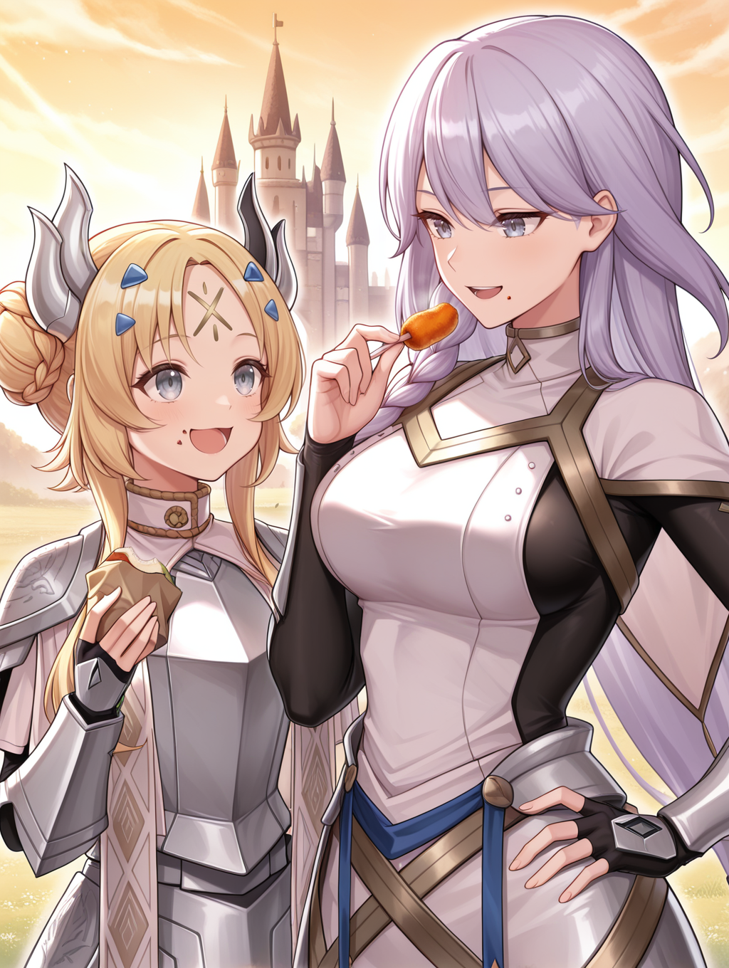 2girls,open mouth,eating,food,castle,holding food,hand on hip,smile,outdoors,food on face,upper body,looking at another,dogmatika fleurdelis,white capelet,white dress,black bodystocking,dogmatika ecclesia the virtuous,gold forehead mark,blue hairclip,silver hair ornament,white cape,black full bodysuit,silver armor,silver breastplate,silver shoulder armor,silver armored gloves,
masterpiece,best quality,amazing quality,very aesthetic,absurdres,newest,<lora:Dogmatika Fleurdelis & Ecclesia the Virtuous illuXL v1:0.75>,