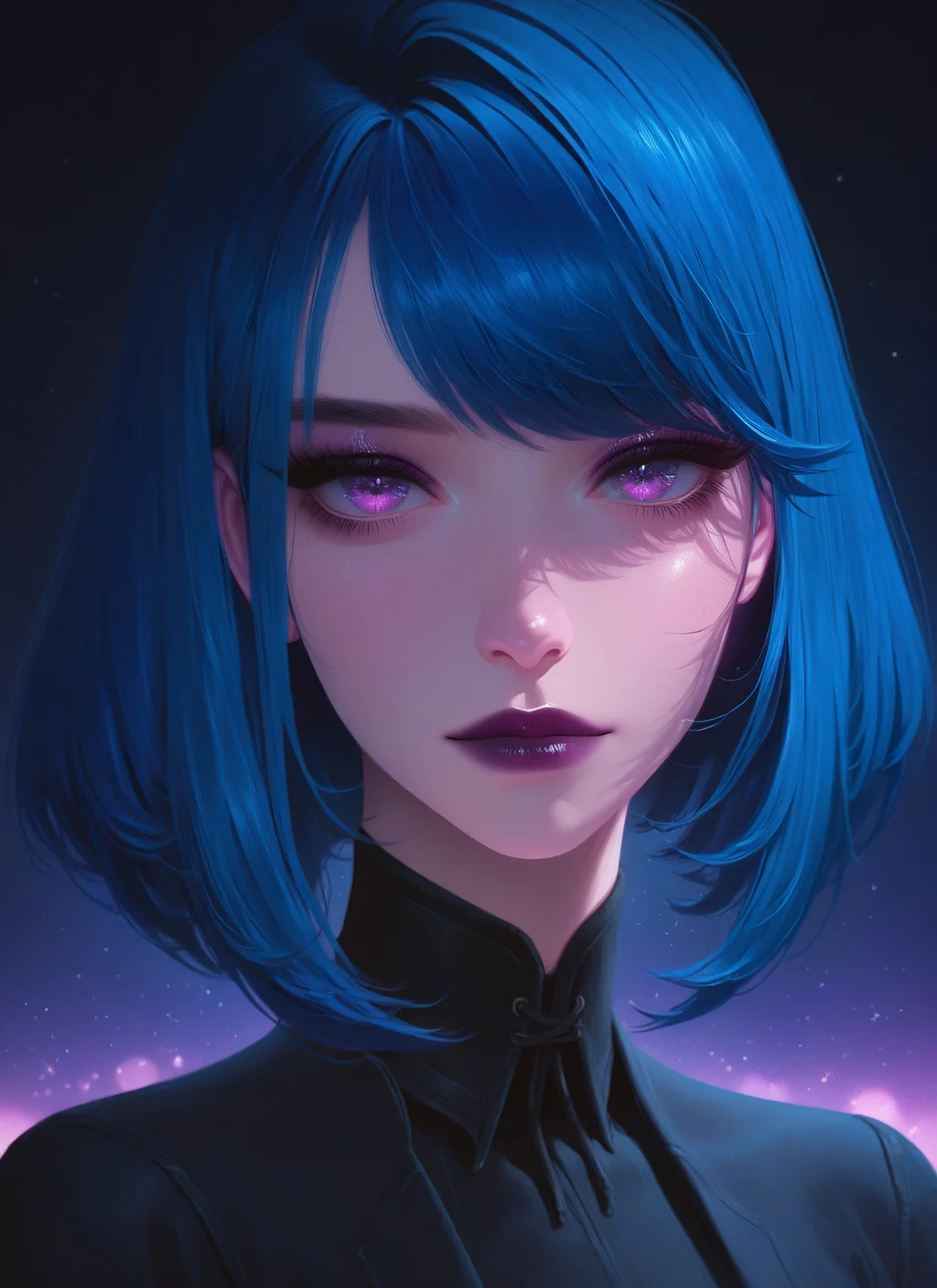 artist:, masterpiece, best quality, newest, very awa, absurdres, highres, sfw, dprd, 1girl, purple lips, purple eyes, blue hair, Layered Bob with Side-Swept Bangs hair, clothed, black jacket, looking at viewer, night, stars, detailed, <lora:DeepRed-Style:1.0>