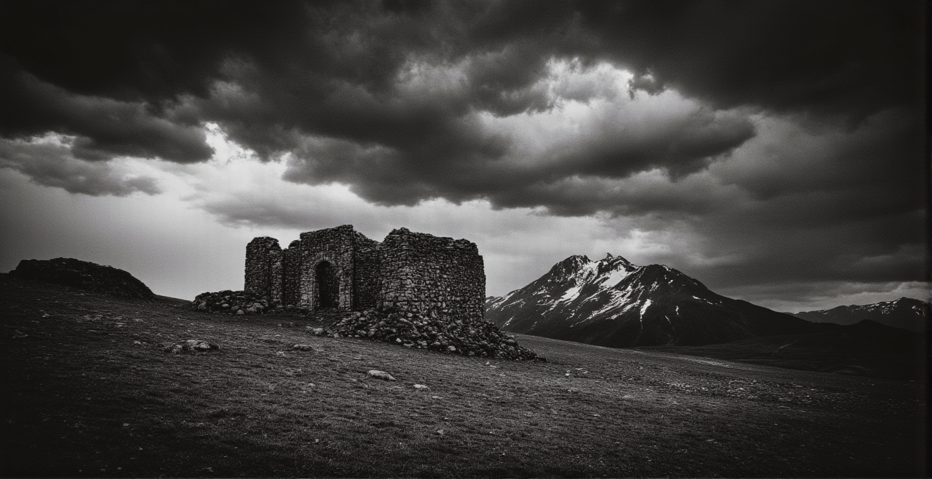 <lora:BWMonochrome:0.85> mono, Monochrome, hyperrealistic landscape, dramatic stormy sky, ruins of a stone house on a field, foreground strewn with rocks and sparse grass.  Mountain range in the background, jagged peaks, partially snow-capped, with dramatic cloud formations.  Strong contrast between light and dark, emphasizing textures of the stone ruins and the rough terrain.  Focus on the decaying structure, aged stonework, and the vastness of the surrounding landscape.  Severe weather, with dark, brooding shadows and dramatic lighting on the ruins.  Detailed texture of the stone and field.  Atmospheric perspective with mountains receding into the distance. . 35mm photograph, film, bokeh, professional, 4k, highly detailed