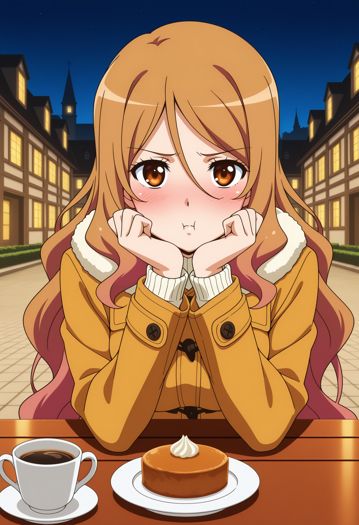 1girl,solo, long hair, gradient hair, brown hair, pink hair,brown eyes, hair between eyes, medium breasts, 
official_art, anime coloring,
looking at viewer, blush, pout, 1girl, winter clothes, duffel coat, handrest, pov across table, outdoors, european architecture, courtyard, night, table, food, cup of coffee,
,masterpiece,best quality,amazing quality,
 <lora:NoobV065sHyperDmd:.5> <lora:quele_sellier_meipaws:.9>