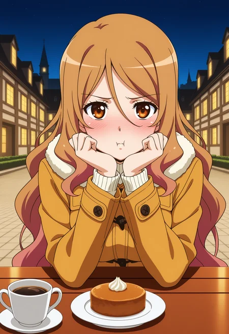 1girl,solo, long hair, gradient hair, brown hair, pink hair,brown eyes, hair between eyes, medium breasts,
official_art, anime coloring,
looking at viewer, blush, pout, 1girl, winter clothes, duffel coat, handrest, pov across table, outdoors, european architecture, courtyard, night, table, food, cup of coffee,
,masterpiece,best quality,amazing quality,
<lora:NoobV065sHyperDmd:.5> <lora:quele_sellier_meipaws:.9>
