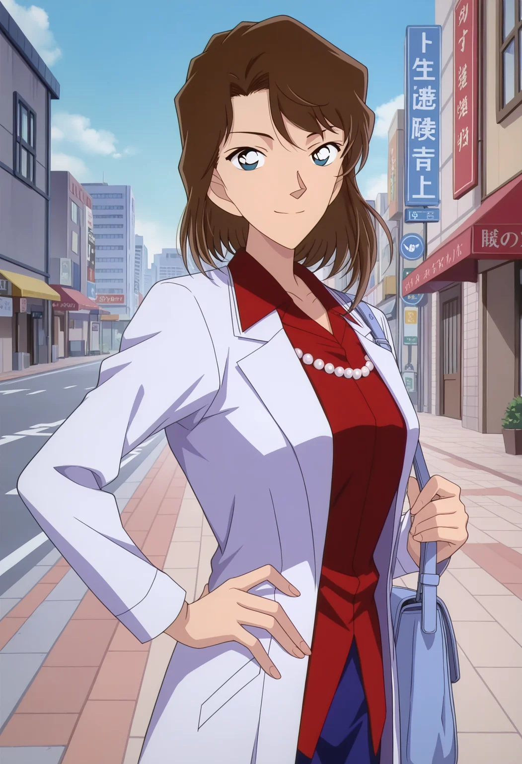 1girl,solo,best quality,masterpiece,anime screencap,
<lora:yamamoto_kuniko_conan_v1_IL:1>,yamamoto kuniko,(meitantei conan:0.4), brown hair,long sleeves,red collared shirt,blue skirt,pencil mini skirt,lab coat,white jacket,medium hair,pearl necklace,open coat,arched bangs,swept bangs,blue shoulder bag,
upper body,smile,cowboy shot,looking at viewer,closed mouth, blue sky, outdoors, city, road, hand on own hip