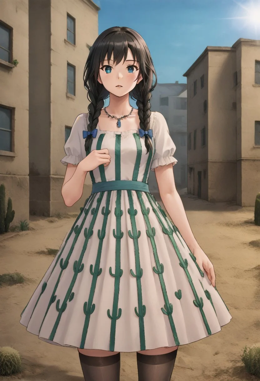 1girl, solo, hkriccam black hair, twin braids, blue eyes, c4ct1dr3ss, cacti dress, thighhighs, outdoors, path, alley, looking at viewer, parted lips, cowboy shot, upper body,