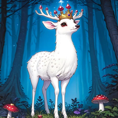 <lora:Wonderland:1> ArsMJStyle, Wonderland, The image shows a white deer with a crown on its head standing in the woods surrounded by trees plants and mushrooms. The deer is surrounded by a peaceful atmosphere with the trees providing a backdrop., no humans, mushroom, nature, forest, tree, brown eyes, deer, outdoors, gem, animal, solo, night, bug, crystal, grass