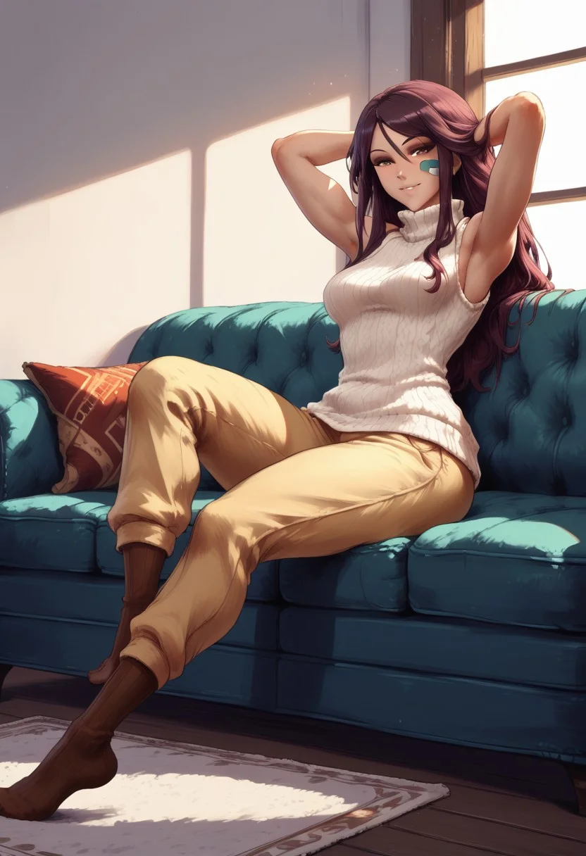 score_9, score_8_up, score_7_up, source_anime, (personal ami|cutesexyrobutts|aztodio), 1girl, solo, LeahAirisubaka, bandaid on cheek, long hair, medium breasts, <lora:LeahAirisubakaPDXL_V1-Manityro-adamw:1>, living room, sunlight, toned, smile, parted lips, blush, looking at viewer, white sweater, turtleneck sweater, sleeveless, bare arms, colorful pants, couch, hands behind the head, full body, brown socks, ink splats.