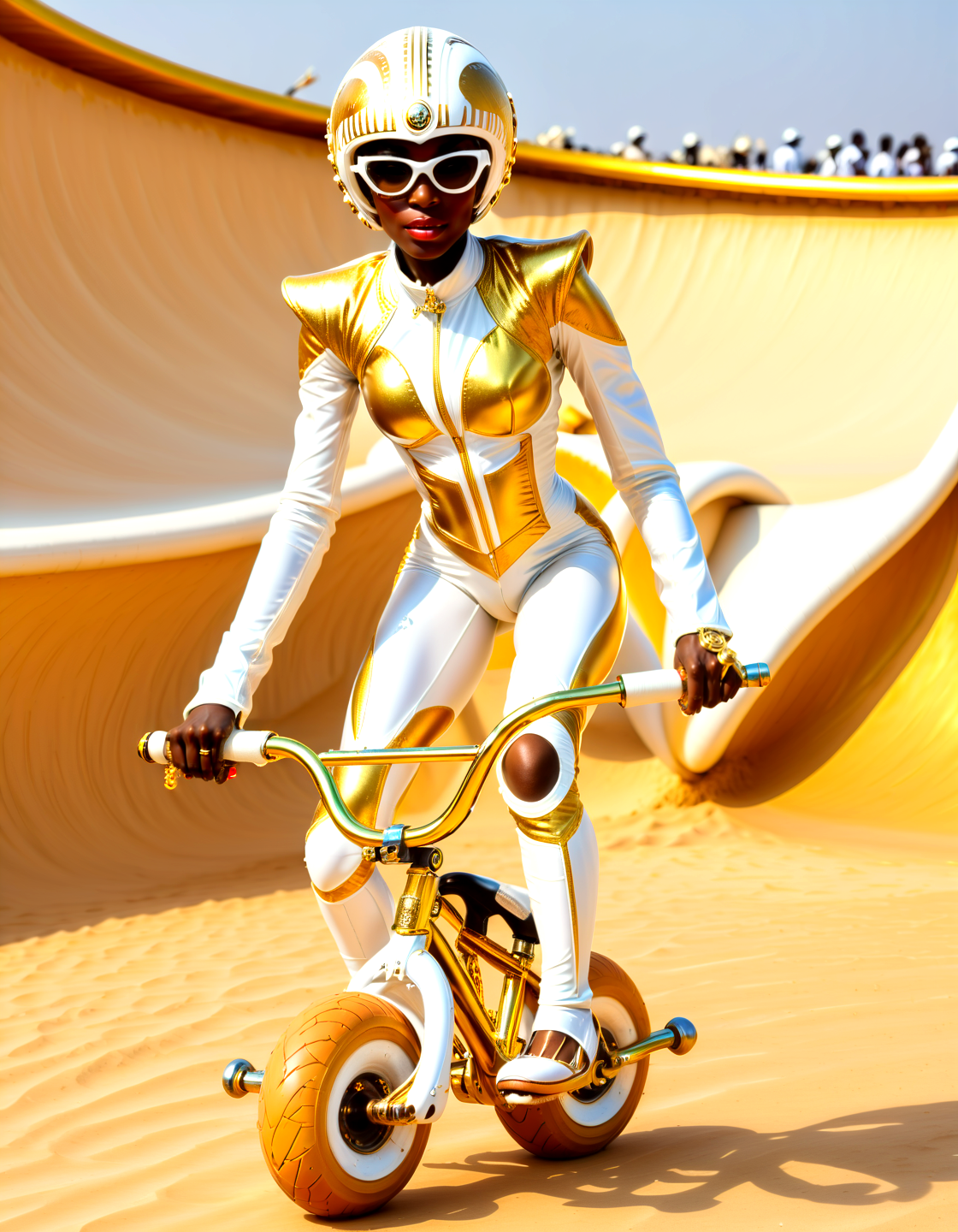 Haute Couture african supermodel driving a mini bmx,spaceship, gold , white, latex,,, Haute Couture, often for exclusive fashion, custom-fitted garments, or high-end design.