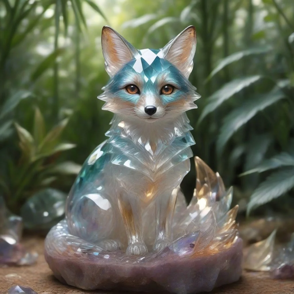 cs-cr1stal-v2, PG, masterpiece, cs-cr1stal-v2 satinized topaz best quality, masterpiece, high resolution, intricate detailed, beautiful photo of a fox sculpture made of topaz fluorite mineral, iridescent, fox tail made of fluorite, her tail are translucent. background of a alien scenery, alien world, rays of light, natural light, 16K