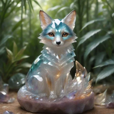 cs-cr1stal-v2, PG, masterpiece, cs-cr1stal-v2 satinized topaz best quality, masterpiece, high resolution, intricate detailed, beautiful photo of a fox sculpture made of topaz fluorite mineral, iridescent, fox tail made of fluorite, her tail are translucent. background of a alien scenery, alien world, rays of light, natural light, 16K